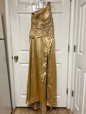Terani Couture Gold One-Shoulder Pleated Hi Lo Evening Dress with Sequin Accents